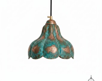 Handgemaakte koperkleurige koperen hanglamp, geschulpte geoxideerde hanglamp, vintage groen patina plafondlamp