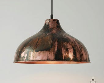 Handgemaakte koperen hanglamp, gezwart patina koepellamp, rustieke industriële hanglamp, Marokkaans ambachtelijk plafondarmatuur