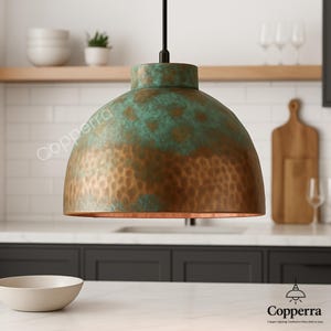 Oxidized Copper Dome Pendant Lighting, Patina Rustic Ceiling Fixture, Farmhouse Kitchen Island Light, Hand-Hammered Industrial Pendant Lamp