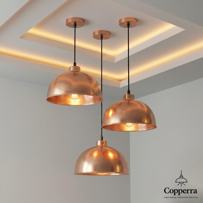 Brushed Copper Dome Pendant Light, Modern Industrial Ceiling Lamp, Polished Copper Kitchen Island Lighting, Hanging Light Fixture.
