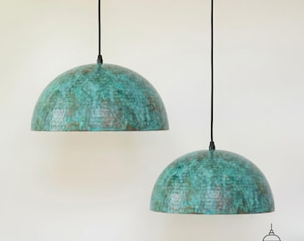 Handcrafted Verdigris Copper Dome Pendant Light, Hammered Oxidized Copper Hanging Lamp, Modern Rustic Ceiling Light. Kitchen Island Light