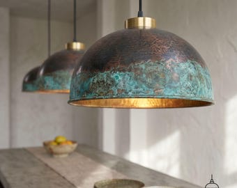 Geoxideerde koperen hanglamp, groen patina koperen hanglamp, koperen koepelverlichting, geoxideerde koperen hanglamp, verouderde koperen hanglamp.