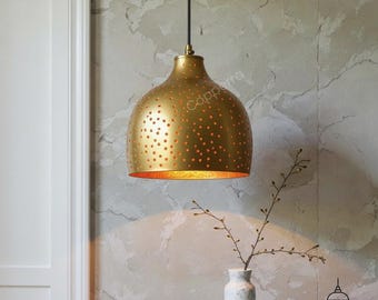 Handcrafted Pierced Brass Dome Pendant Light: Modern Industrial Hanging Lamp