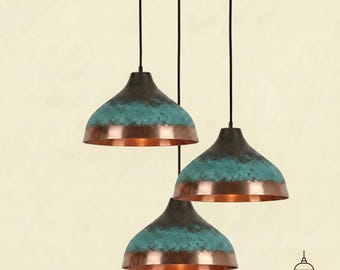 Handmade Green Patina Copper Pendant Light - Rustic Farmhouse Dome Lamp