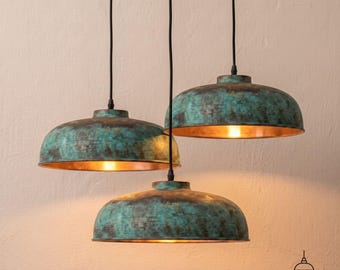 Geoxideerde koperen hanglamp, groen patina koperen hanglamp, koperen koepelverlichting, geoxideerde koperen hanglamp, verouderde koperen hanglamp.