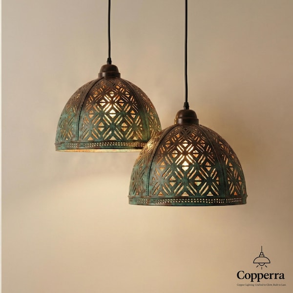 Handmade Moroccan Brass Dome Pendant Light, Verdigris Patina Lantern