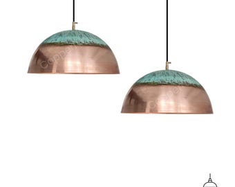 Set of 2 Oxidized Copper Dome Pendant Lights: Green Patina Lighting