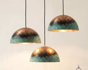 Amerikaanse koperen hanglamp, gehamerde koperen lamp, geoxideerde koperen hanglamp, rustieke boerderijhanger, verlichting keukeneiland