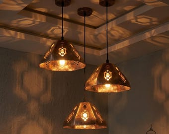 Handgemaakte koperen geometrische hanglamp, Marokkaanse hanglamp met uitsparing, rustiek koperen keukeneilandlicht