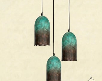 Set of 3 Handcrafted Oxidized Copper Bell Pendant Light – Verdigris Patina Hanging Lamp – Rustic Modern Ceiling Light