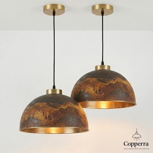 Kupolformad taklampa i mässing, rustik handgjord köksö, taklampa i vintage-patina bild 8