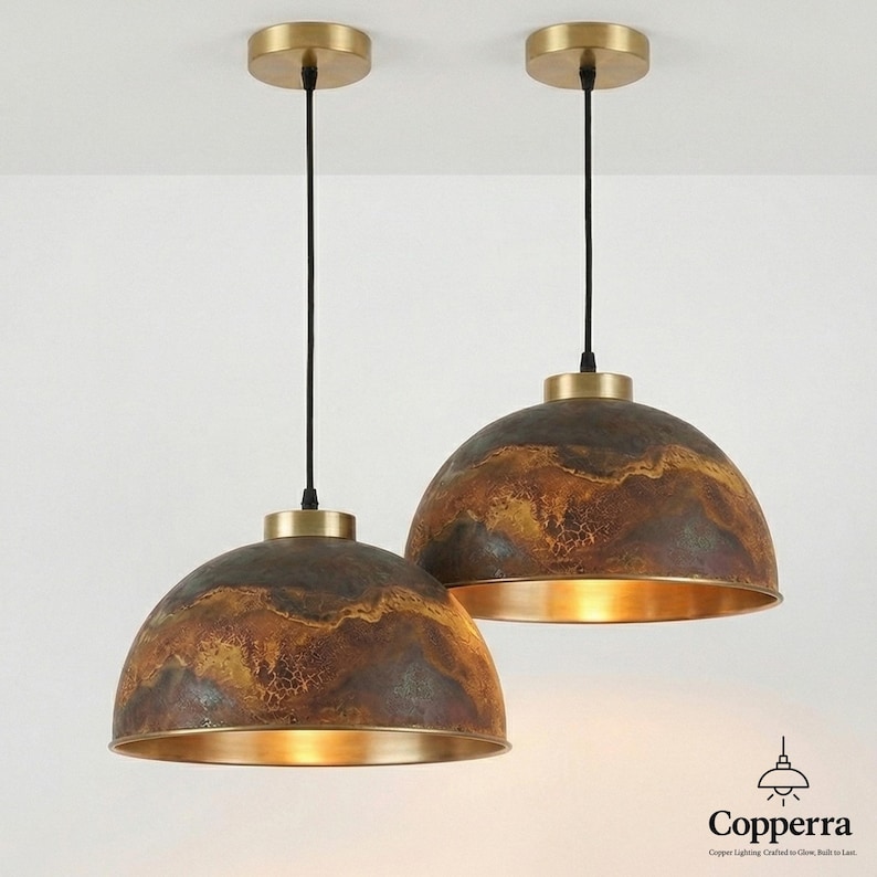Kupolformad taklampa i mässing, rustik handgjord köksö, taklampa i vintage-patina bild 8