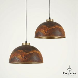 Kupolformad taklampa i mässing, rustik handgjord köksö, taklampa i vintage-patina bild 6