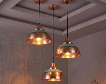 Handgemaakte koperen hanglamp met groen patina, rustieke koepelvormige hanglamp, moderne industriële keukeneiland plafondlamp