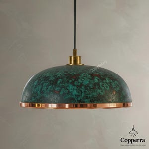 Oxidized Copper Dome Pendant Light, Handcrafted Blue Patina Farmhouse Ceiling Fixture, Copper Pendant Light , Oxidized Copper Hanging Lamp