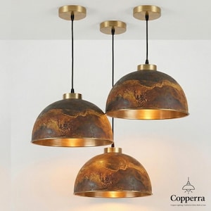 Kupolformad taklampa i mässing, rustik handgjord köksö, taklampa i vintage-patina bild 4