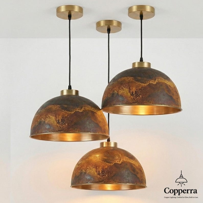 Kupolformad taklampa i mässing, rustik handgjord köksö, taklampa i vintage-patina bild 4