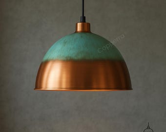 Green Patina Copper Pendant Light: Handcrafted Verdigris Ceiling Lamp