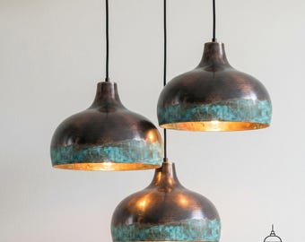 Handgemaakte donker geoxideerde koperen hanglamp, gezwarte koperen koepellamp met verdigris patina, rustieke moderne hangende plafondlamp