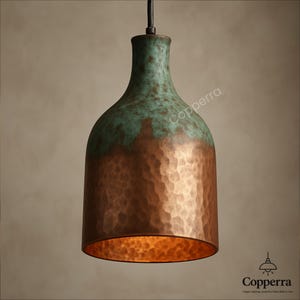 Oxidized Copper Bottle Pendant Light: Hammered Green Patina Industrial Lamp