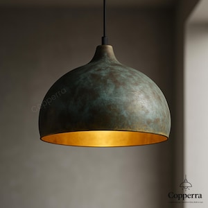 Oxidized Brass Dome Pendant Lighting, Handcrafted Green Patina Brass Dome Pendant Light, Rustic Industrial Ceiling Fixture, Farmhouse Light