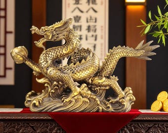 Copper Feng Shui Dragon Statue | Prosperity Home Decor | Wealth & Good Luck Figurine