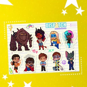 Puede incluir: Una hoja de pegatinas troqueladas con personajes de dibujos animados. Las pegatinas incluyen una variedad de personajes con diferentes atuendos y accesorios. La palabra "DISPATCH" está impresa en la parte superior de la hoja.