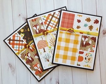 Colorblock Fall Card Set, Foxes, Plaid and Pumpkins, Quilt Block Cards