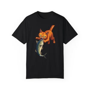 Orange Cat T-Shirt, Funny Cat Lover Gift, Unisex Tee for Fishing, Cat Cartoon Graphic Shirt, Perfect for Animal Lovers