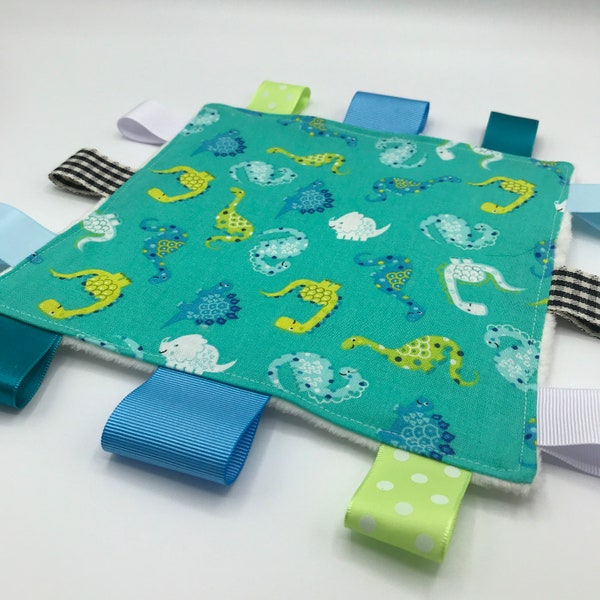 Tagged Sensory Blanket mini size 7 x 7 dinosaur, baby gift, new baby, comfort blanket, baby shower gift, baby