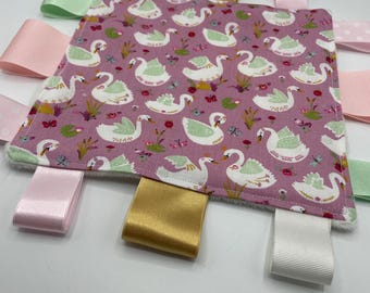 Baby gift, Tagged Sensory Blanket,  7 x 7 inch ,bird, ,new baby, baby shower gift ,baby gift, comfort, baby, lovey, taggie