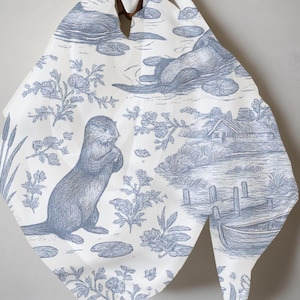 Otter Toile Scarf, Blue & White Vintage-Style Nature Print Lightweight Poly Scarf , Cottagecore Animal Scarf, Boho Otter Wrap
