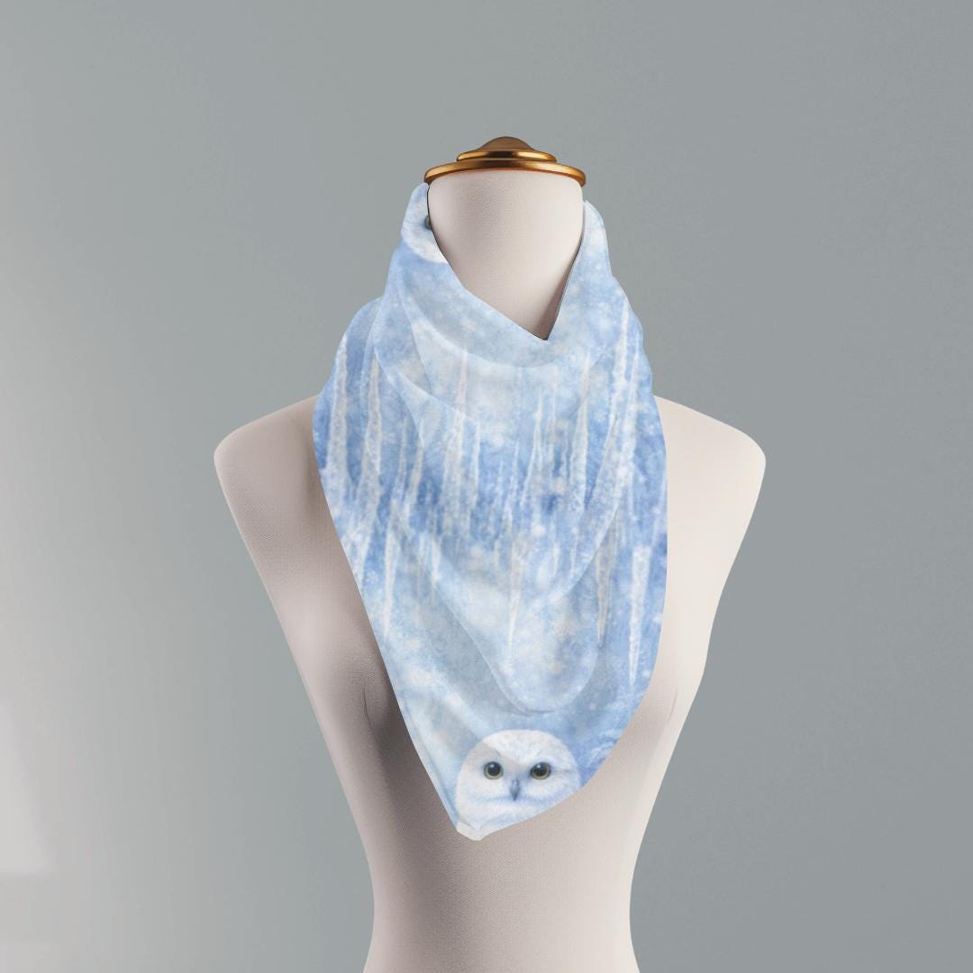 Snow Owl Winter Scarf, Icy Blue Botanical Shawl, Woodland Cottagecore Wrap
