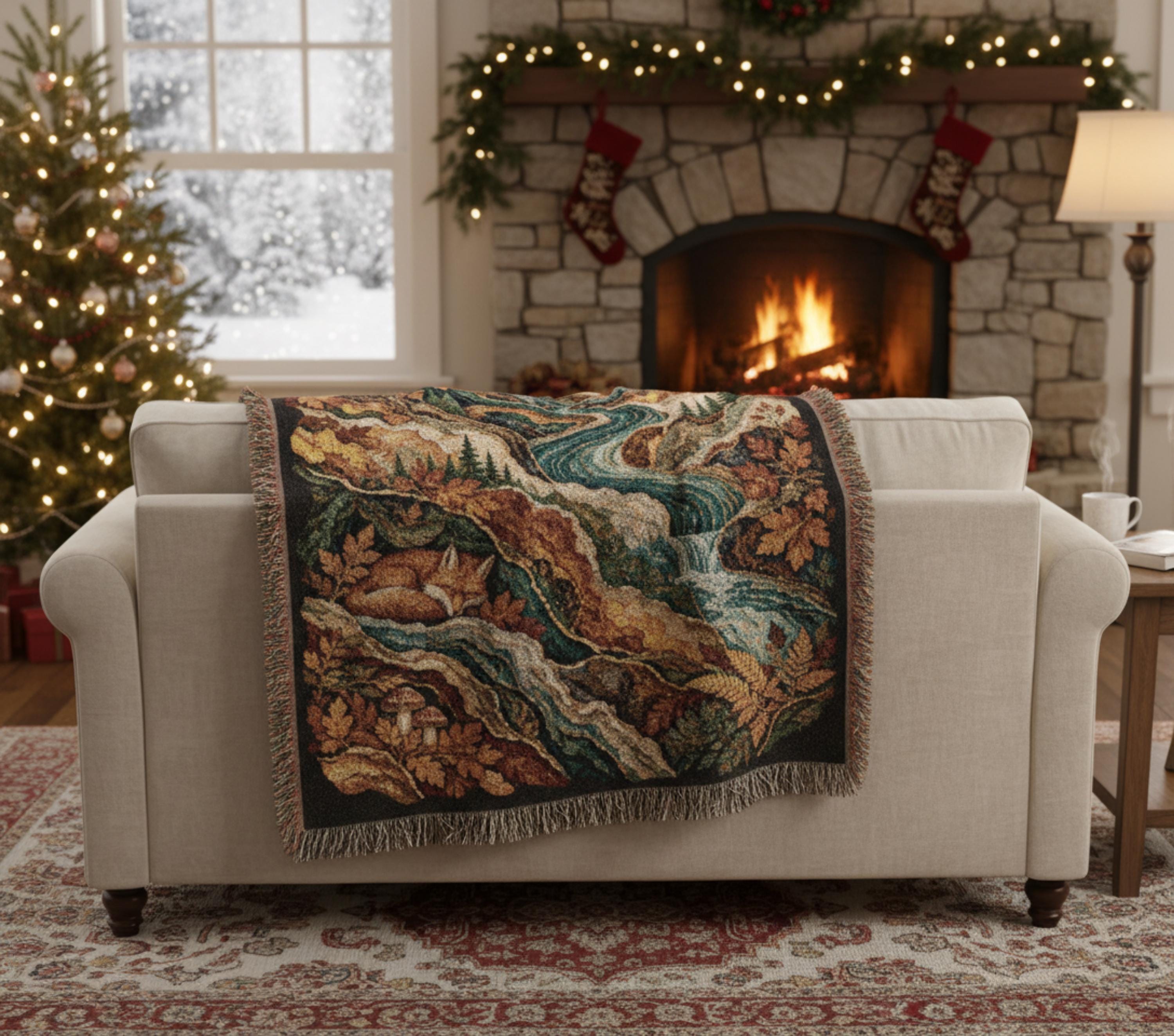 Autumn Riverstone Woven Cotton Blanket, Woodland Fox Owl Throw, Fall Forest Tapestry
