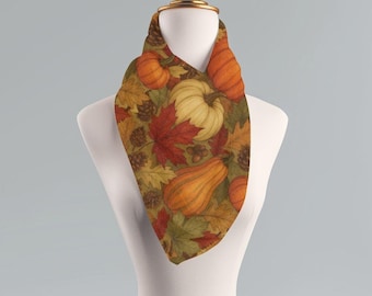 Pumpkin Fall Leaves Scarf: Autumn Neck Wrap, Nature-Inspired Shawl