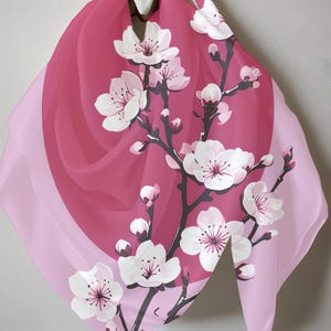 Poly Scarf, Red Cherries Pink Blossoms Pattern Design, Floral Neck Wrap, Fruit Print Headband, Lightweight Neckwear, Fashion Accessory