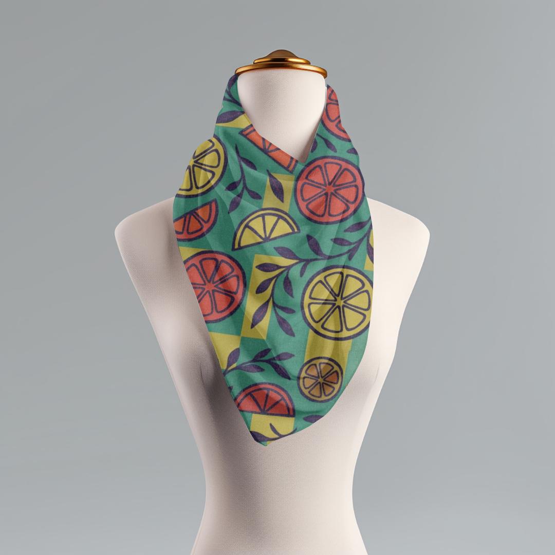 Teal Retro Fruit Scarf, Citrus Print with Green Checkerboard Background, Lightweight Scarf, Vintage Fruit Wrap, Boho Neck Scarf