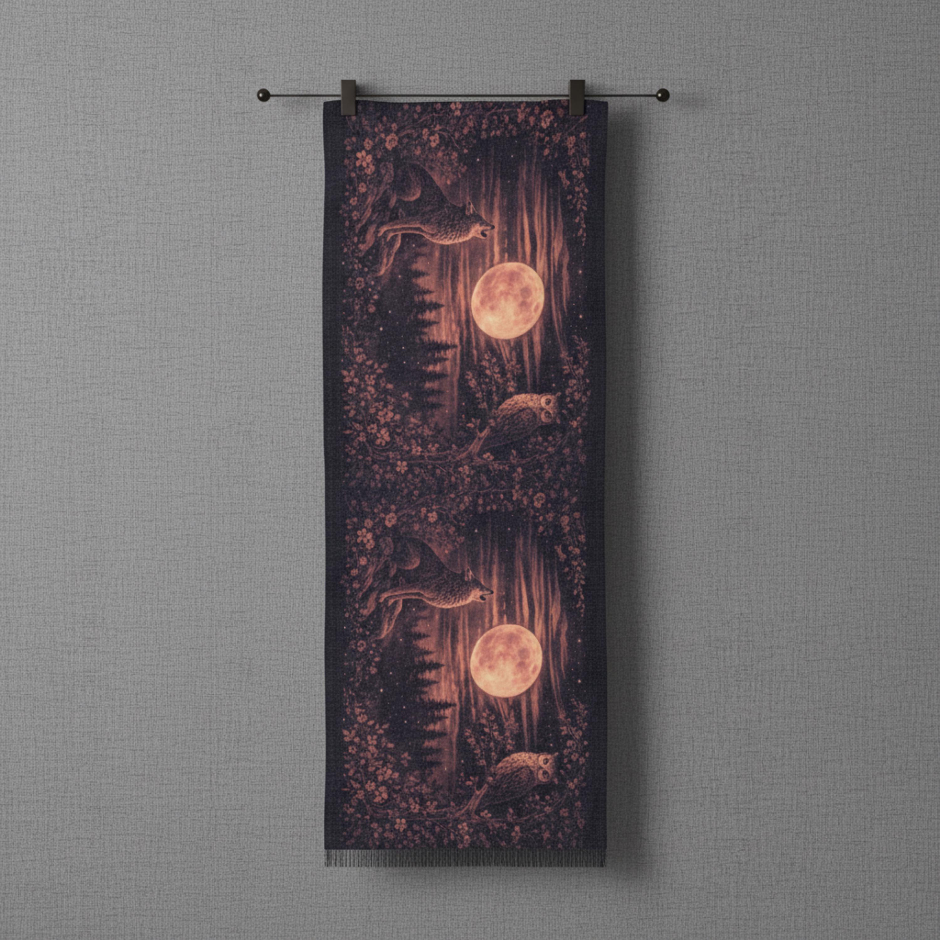 Super Moon Coyote & Owl Scarf, Night Forest Toile Wearable Art, Celestial Wildlife Wrap, Mystica