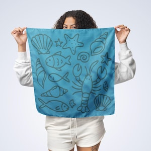 Marine Sea Bandana, Ocean Doodle Doggie Bandana, Nautical Scarf, Beach Lover Gift, Lightweight Eco head wrap,  beachy vibes neck scarf