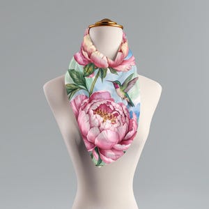 Hummingbird Peony Scarf: Watercolor Floral Wrap, Spring Fashion