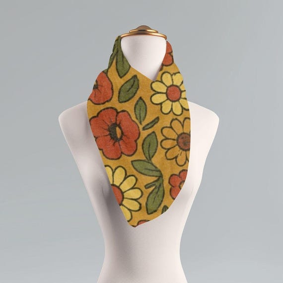 Boho Bloom Mustard Scarf, Long Floral Wrap, Retro Autumn Flower