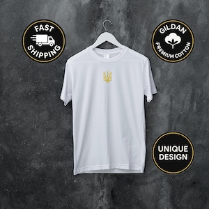 Tryzub Ukraine Trident T-Shirt, Ukrainian Coat of Arms Tee, National Symbol Heritage Shirt, Yellow Emblem on Black, Ukraine Tee