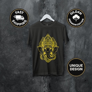 Gold Ganesha T-Shirt, Hindu Elephant God Tee, Boho Spiritual Yoga Shirt, Indian Wisdom & Good Luck Design, Sacred Symbol Gift for Seekers