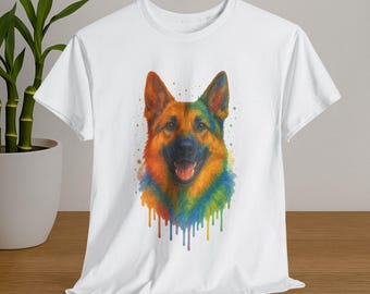 Colorful German Shepherd Watercolor Shirt, Colorful Dog Lover Tee, Happy German Shepherd Design T-Shirt, Rainbow Pet Shirt