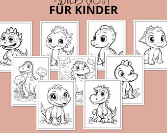 Puede incluir: Una colección de páginas para colorear de dinosaurios imprimibles. Cada página presenta un dinosaurio de dibujos animados diferente en blanco y negro. El texto en la parte superior dice "MALBUCH FÜR KINDER" y el texto en la parte inferior dice "SOFORTIGER DOWNLOAD DRUCKBARE VORLAGE".