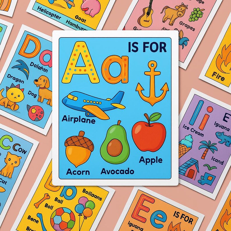 K&ouml;nnte beinhalten: Lernkarten mit dem Alphabet. Die zentrale Karte zeigt den Buchstaben "A" mit einem Flugzeug, Apfel, Eichel, Avocado und Anker. Weitere Karten zeigen Buchstaben und Bilder.