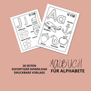 K&ouml;nnte beinhalten: Zwei schwarz-wei&szlig;e, druckbare Alphabetseiten mit Illustrationen. Eine Seite sagt "J IS FOR" mit Bildern von Geleebohnen, einer Qualle, Marmelade, einem Puzzle und Jack-O. Die andere Seite sagt "A IS FOR" mit einem Flugzeug, einem Anker, einer Eichel, einer Avocado und einem Apfel.