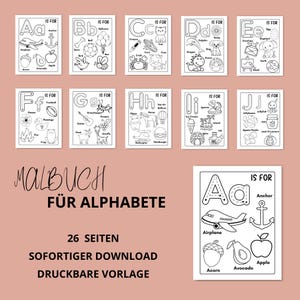 K&ouml;nnte beinhalten: Eine Sammlung von ausdruckbaren Alphabet-Malvorlagen. Jede Seite zeigt einen Buchstaben mit entsprechenden Illustrationen, darunter ein Flugzeug, eine Eichel und ein Apfel. Der Text "IS FOR" steht &uuml;ber jedem Buchstaben. Der Text "MALBUCH F&Uuml;R ALPHABETE" ist ebenfalls sichtbar.
