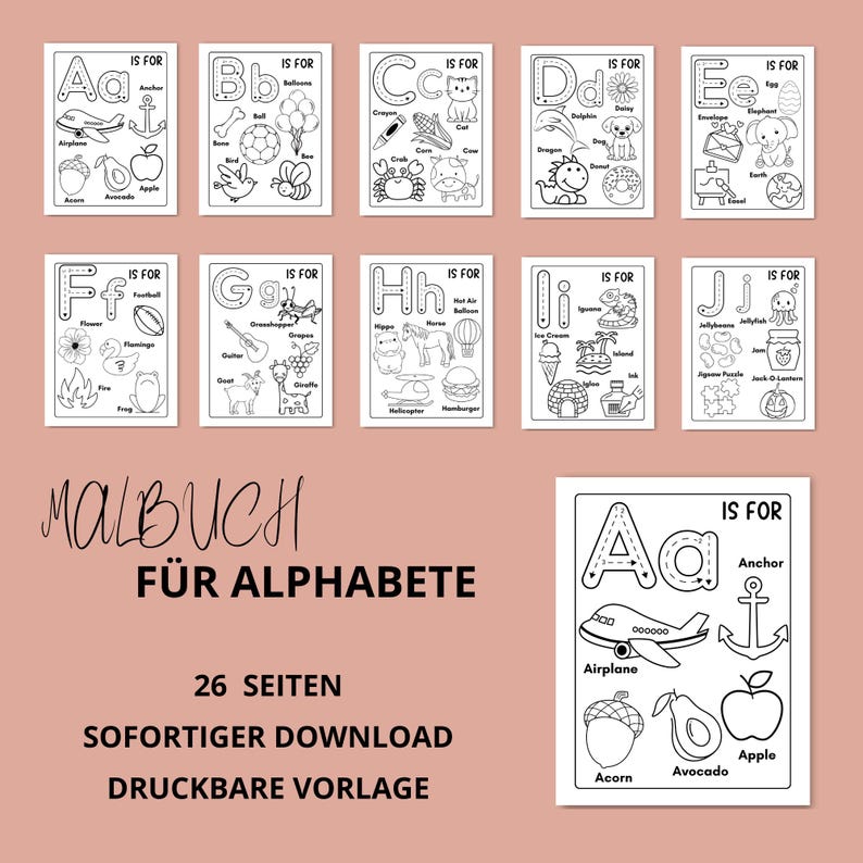 K&ouml;nnte beinhalten: Eine Sammlung von ausdruckbaren Alphabet-Malvorlagen. Jede Seite zeigt einen Buchstaben mit entsprechenden Illustrationen, darunter ein Flugzeug, eine Eichel und ein Apfel. Der Text "IS FOR" steht &uuml;ber jedem Buchstaben. Der Text "MALBUCH F&Uuml;R ALPHABETE" ist ebenfalls sichtbar.