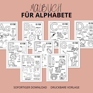 K&ouml;nnte beinhalten: Eine Sammlung ausdruckbarer Alphabet-Malvorlagen. Jede Seite zeigt einen Buchstaben mit passenden Illustrationen, wie einen Anker f&uuml;r 'A' und Ballons f&uuml;r 'B'. Der Text 'MALBUCH F&Uuml;R ALPHABETE' steht oben, mit 'SOFORTIGER DOWNLOAD DRUCKBARE VORLAGE' unten.